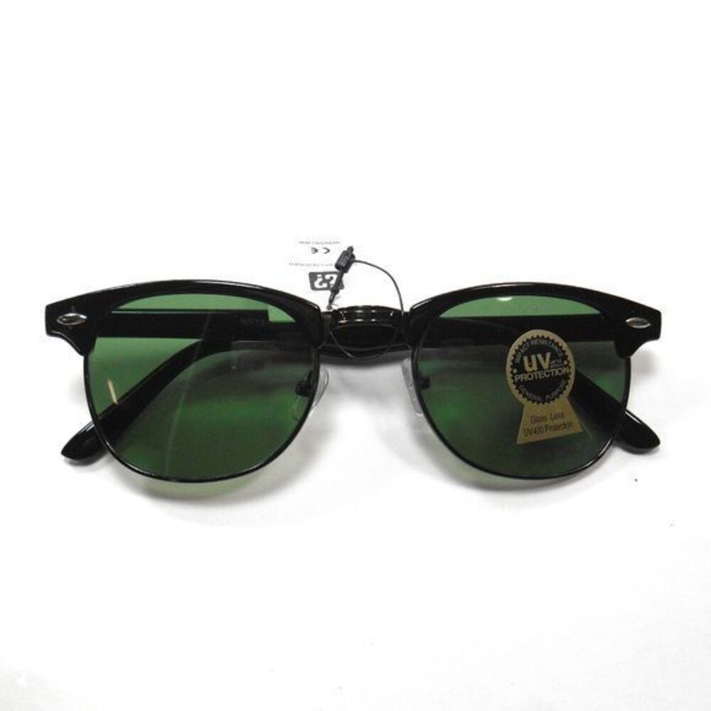 Mens Black Semi Rimless Classic Sunglasses Green Lens NWT